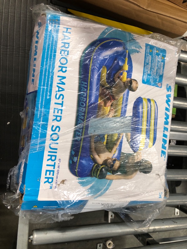 Photo 1 of SWIMLINE ORIGINAL Harbor Master Inflatable Patrol Boat Pool Float Ride On With Fun Constant Flow Water Squirter For Kids Cool Retro Style For Beach Ocean Pool Lake Extra Thick Large Floatie Patrol Boat Pool Squirter (Blue)