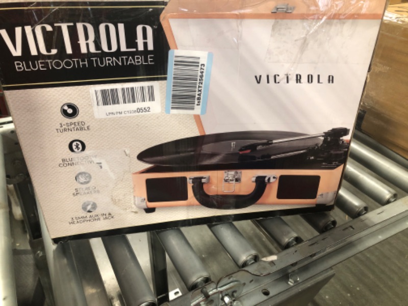 Photo 4 of Victrola Vintage 3-Speed Bluetooth Portable Suitcase Record Player with Built-in Speakers | Upgraded Turntable Audio Sound| Includes Extra Stylus | Peach Rose Gold (VSC-550BT- TPG) Peach Rose Gold Record Player