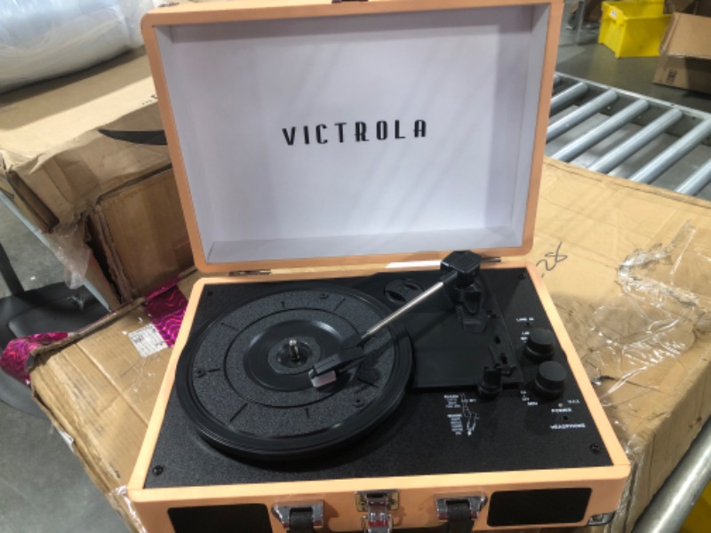 Photo 2 of Victrola Vintage 3-Speed Bluetooth Portable Suitcase Record Player with Built-in Speakers | Upgraded Turntable Audio Sound| Includes Extra Stylus | Peach Rose Gold (VSC-550BT- TPG) Peach Rose Gold Record Player