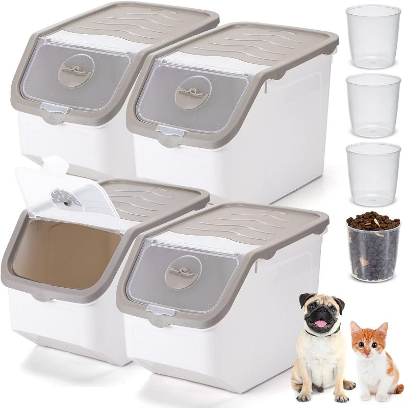 Photo 1 of Weewooday 4 Pcs Large Dog Food Storage Container 22lb Airtight Cat Pet Food Bins with Measuring Cup and Lid Plastic Pet Dog Treat Container Animal Dry Food Storage for Dog Cat Pet Storage (WHITE AND TAN)