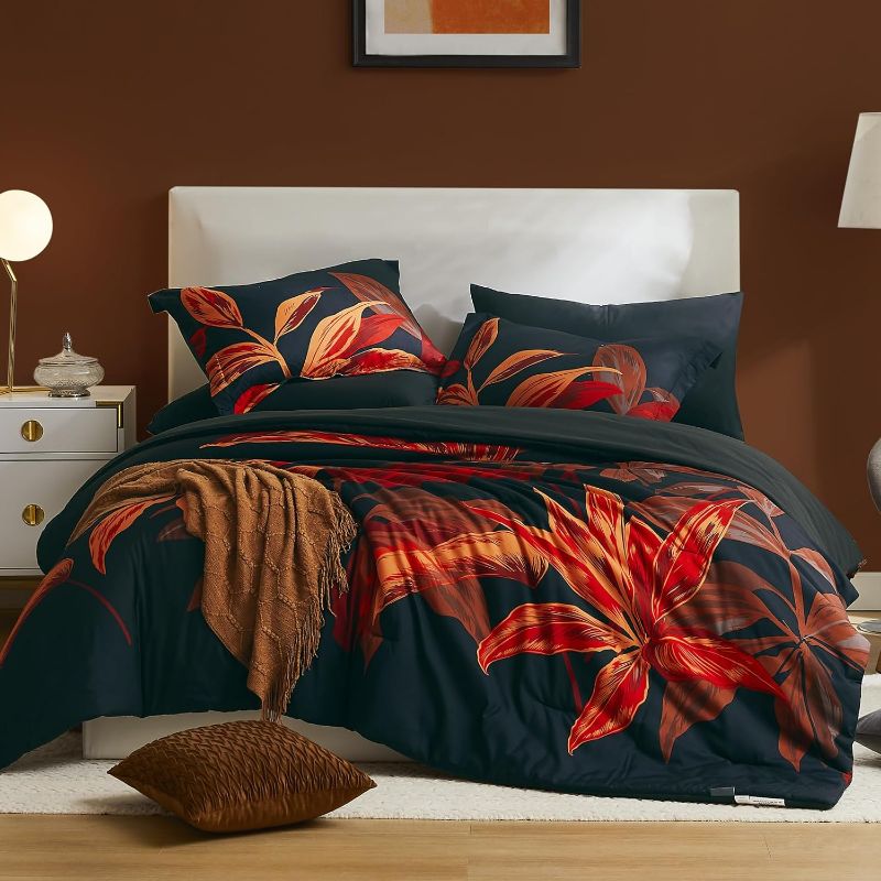 Photo 1 of WRENSONGE Queen Comforter Set, 7 Pieces Black Red Floral Comforter Set with Sheets for Queen Size Bed, Red Leaf Pattern Queen Bedding Set, Soft Lightweight Breathable Bed in a Bag for All Seasons