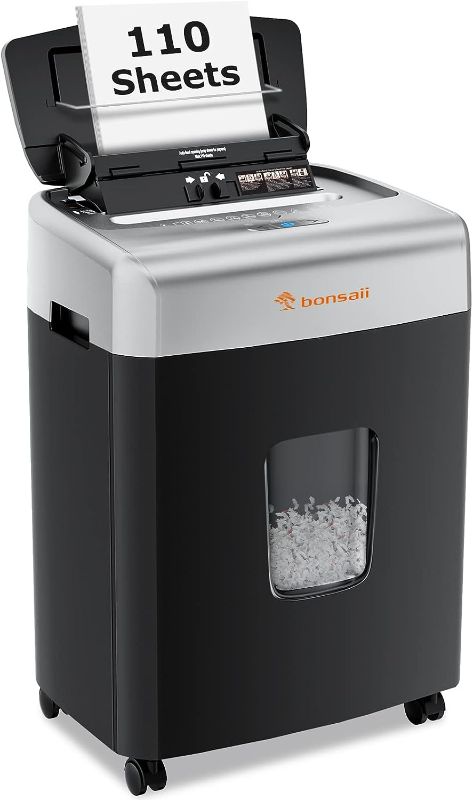 Photo 1 of Bonsaii Paper Shredder for Office, 110-Sheet Autofeed & 12-Sheet Manual Micro Cut Heavy Duty Paper Shredder, P-4 Auto Feed Paper and Credit Card Shredder with 4 Casters, 6.1 Gal Transparent Bin C233-B 1 2 Sheet-Autofeed