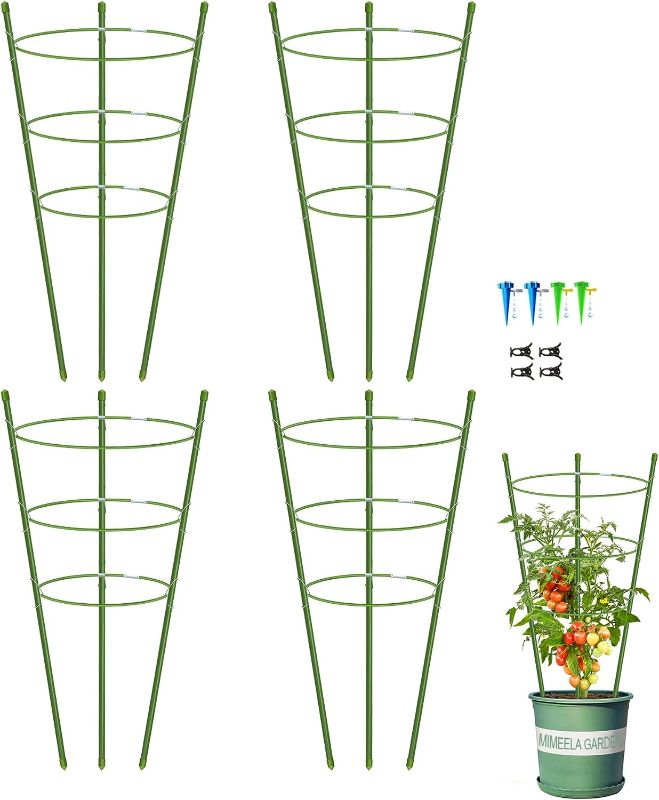 Photo 1 of 4 Pack Garden Plant Support Tomato Cage, Upgrade 24" Trellis for Climbing Plants, Plant Trellis Kits with 4 Self Watering Spikes and 20 Plant Clips (24")
