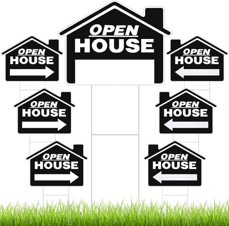 Photo 1 of 7 Pcs Open House Signs for Real Estate 18 x 14 Inch Double Sided Real Estate Signs Property Yard Sale Signs Heavy Duty for Sale by Owner Yard Sign with Directional Arrows for Real Estate Agent (Black)
