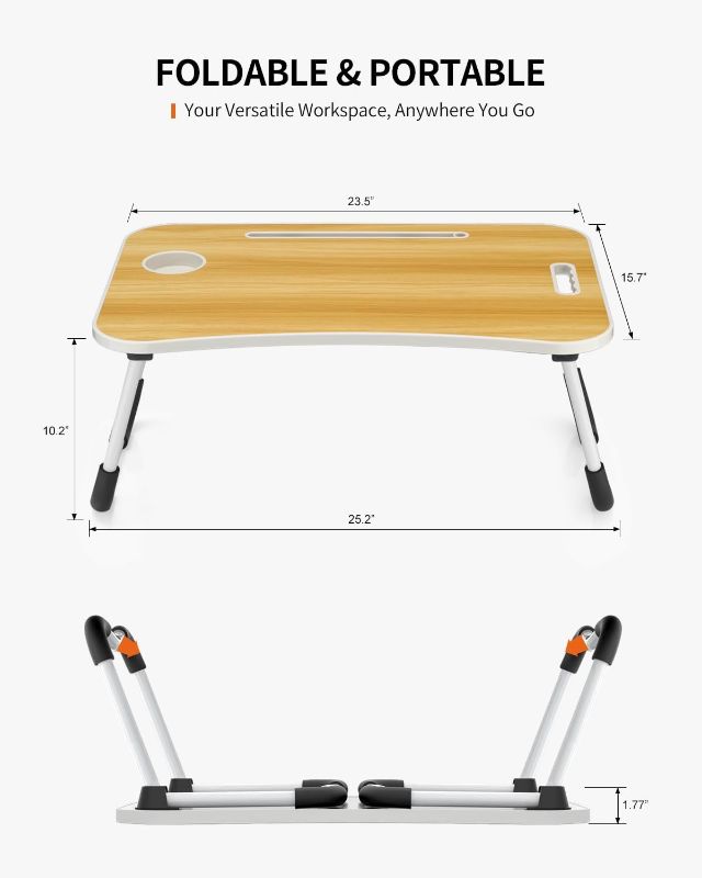 Photo 1 of FISYOD Foldable Laptop Table, Portable Lap Desk Bed Table Tray, Laptop Stand with Cup Holder & Tablet Slot & Lifting Handle for Working Writing Drawing & Eating (Wood)
