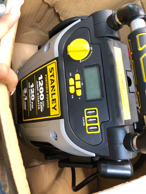 Photo 1 of STANLEY J5C09D Digital Portable Power Station Jump Starter 1200 Peak Amp Battery Booster, 120 PSI Air Compressor, 3.1A USB Ports, Battery Clamps
