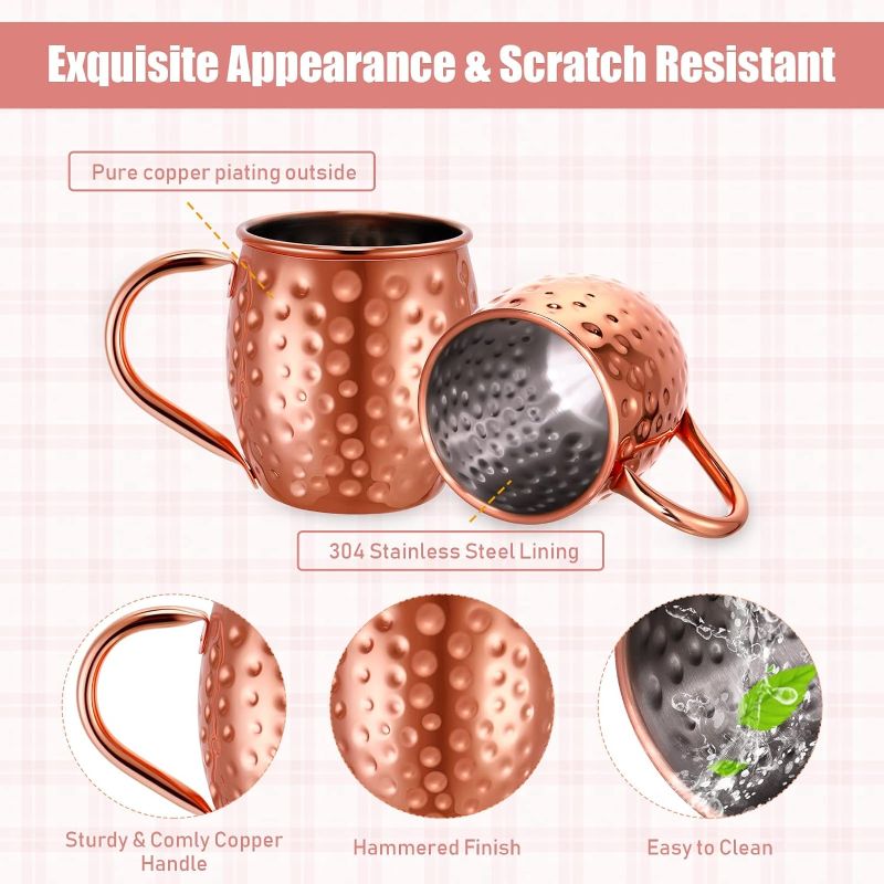 Photo 1 of  Moscow Mule Mugs Set 12oz Rose Gold Stainless Steel Moscow Mule Cups Bulk Tarnish Resistant Copper Plated Mug Hammered Finish Cup Chilled...
2pc