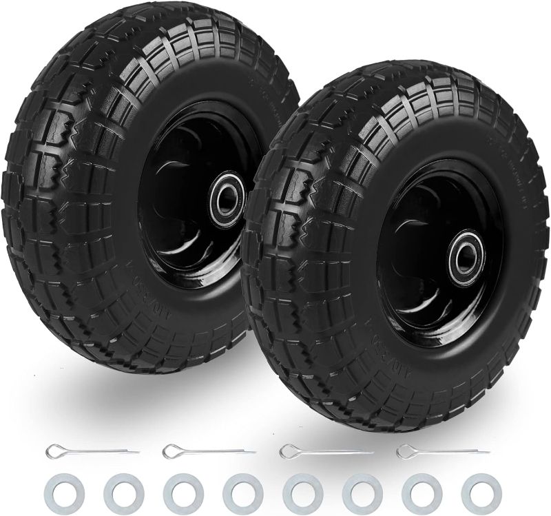 Photo 1 of 10" Solid Flat Free Tires and Wheels 2 Pcs, 4.10/3.50-4 Rubber Tire Replacement with 5/8” Axle Bore Hole & Black Wheel Hub, Air less Wheel for Hand Truck/Trolley/Garden Cart/Lawn Mower/Wheelbarrow