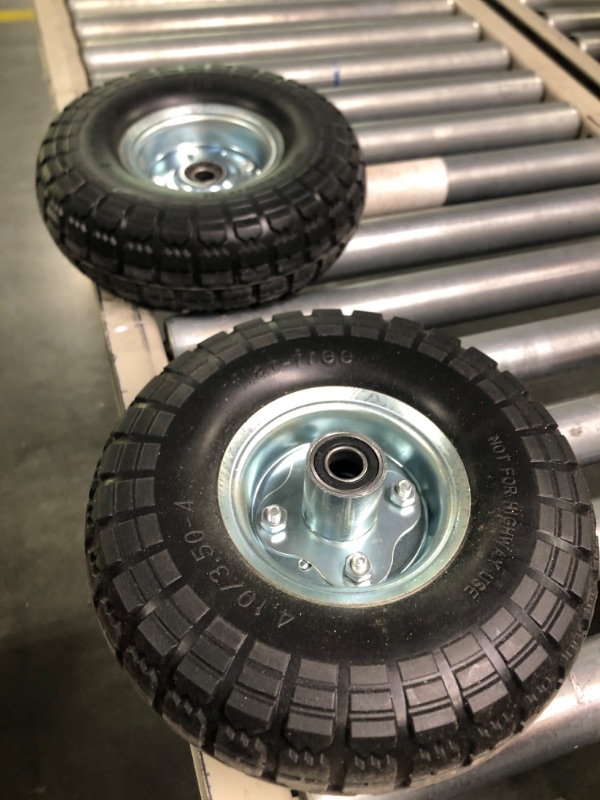Photo 4 of 10" Solid Flat Free Tires and Wheels 2 Pcs, 4.10/3.50-4 Rubber Tire Replacement with 5/8” Axle Bore Hole & Black Wheel Hub, Air less Wheel for Hand Truck/Trolley/Garden Cart/Lawn Mower/Wheelbarrow