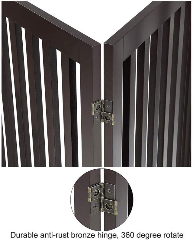 Photo 4 of 36" Height Extra Tall Freestanding Pet Gate, Solid Wood Folding Safety Fence Wooden Dog Gate with 2PCS Support Feet Ideal for Stairs, Doorways, Halls, Kitchens, Heavy Duty Gates, 4 Panels, Walnut Walnut 36"-4 Panels