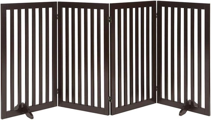 Photo 3 of 36" Height Extra Tall Freestanding Pet Gate, Solid Wood Folding Safety Fence Wooden Dog Gate with 2PCS Support Feet Ideal for Stairs, Doorways, Halls, Kitchens, Heavy Duty Gates, 4 Panels, Walnut Walnut 36"-4 Panels