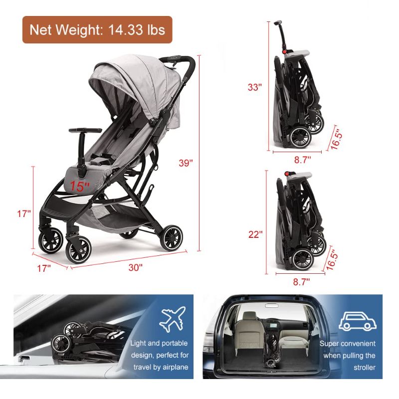 Photo 2 of Lightweight Travel Stroller - Compact for Airplane, One-Hand Folding Baby Stroller, Toddler w/Adjustable Backrest/Footrest/T-Shaped Bumper(Gray)
Color:gray