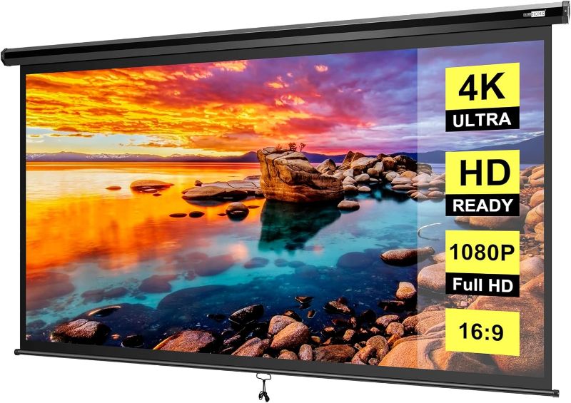 Photo 1 of VIVOHOME 80 Inch Manual Pull Down Projector Screen, 16:9 HD Retractable Widescreen Matte for Movie Home Theater Cinema Office Video Game, Black
