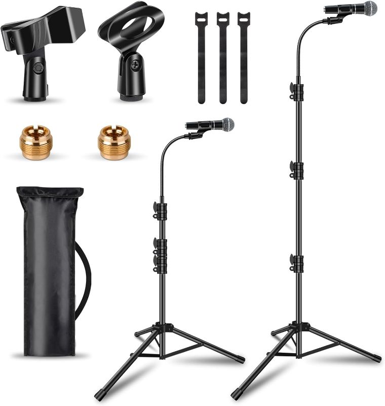 Photo 1 of 2 Pack Mic Stand 360°Gooseneck Microphone Stand for Singing Microphone Boom Stand Height Adjustable From 24” to 67” with 2 Mic Clips for Adults Kids Singing Lecture Stage
