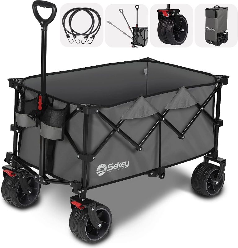 Photo 3 of Sekey Collapsible Foldable Wagon with 220lbs Weight Capacity, Heavy Duty Folding Utility Garden Cart with Big All-Terrain Beach Wheels & Drink Holders. Grey