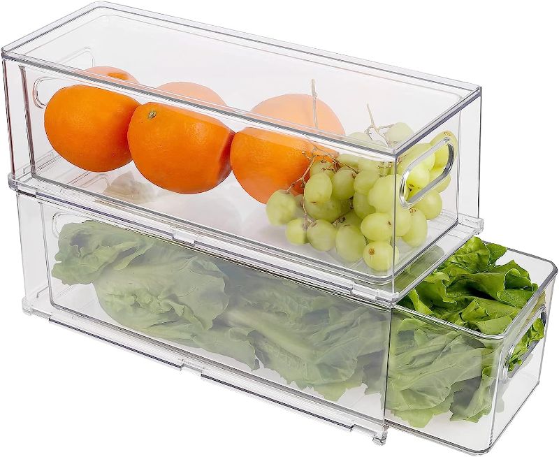 Photo 1 of  2 Pack Stackable Refrigerator Organizer Bins with Pull-out Drawer, Drawable Clear Fridge Drawer Organizer with Handle, Plastic Kitchen Pantry Storage Containers
