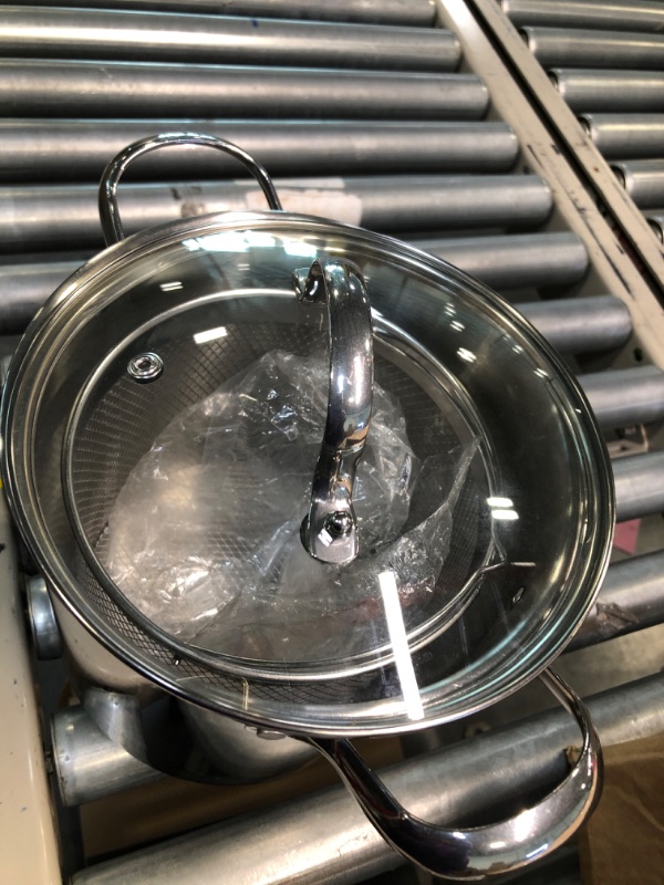 Photo 1 of ****DENTED, Screw missing on lid********4.2L Fryer 304 Stainless Steel Multifunctional Deep Frying Pan With transparent lid and filter for Frying French Fries Squid Rings Tempura and Stewing