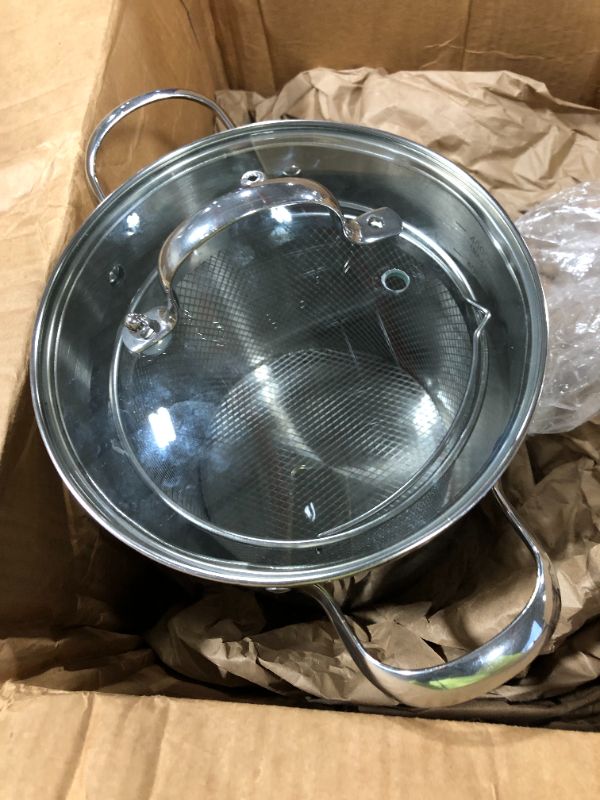 Photo 1 of ****DENTED, Screw missing on lid********4.2L Fryer 304 Stainless Steel Multifunctional Deep Frying Pan With transparent lid and filter for Frying French Fries Squid Rings Tempura and Stewing