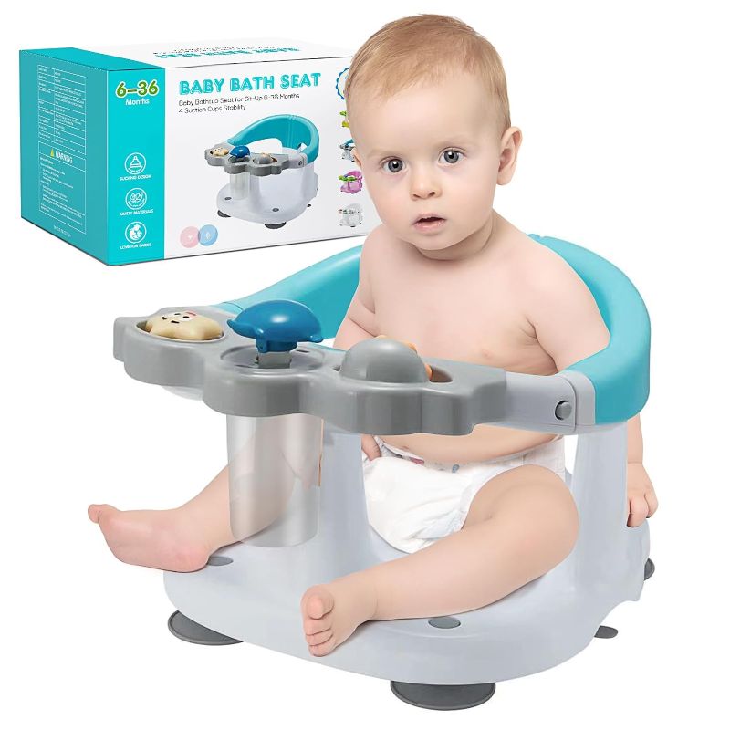 Photo 1 of Baby Bath Seat - 2 Rotating Toys + 1 Pressing Toy - Ergonomic Backrest - Side Opening Design - 4 Powerful Non-Slip Suction Cups - Ideal Gift for Infant 6-36 Months (White)
