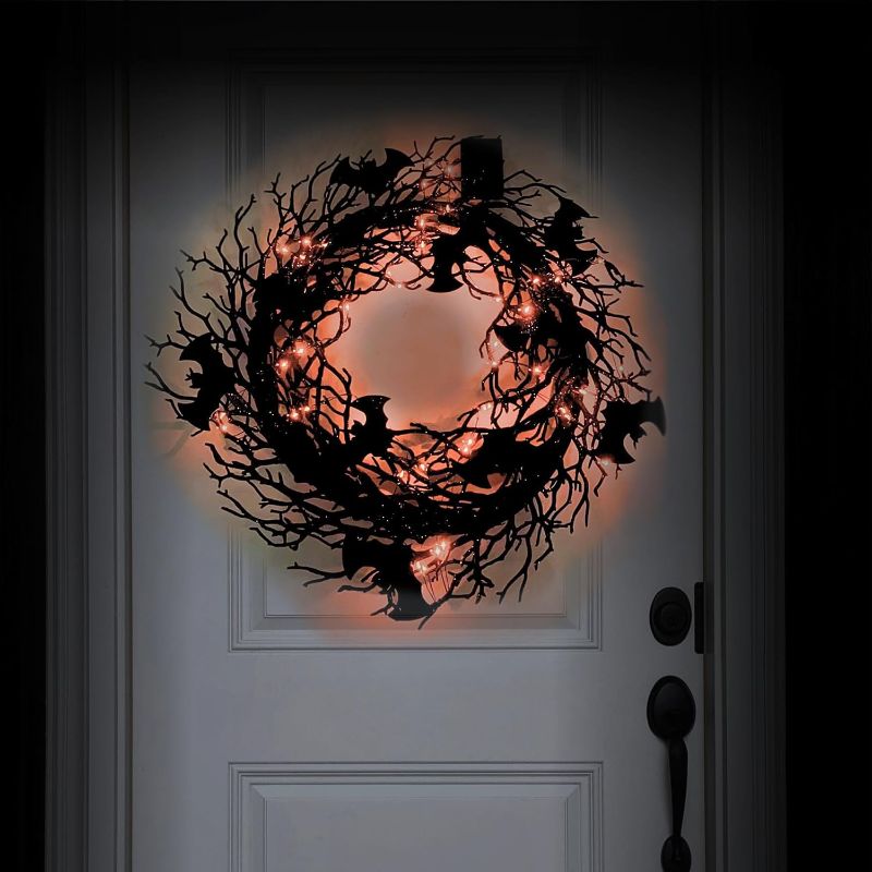 Photo 1 of 26 Inch Black Halloween Wreath Light up, Black Glitter Bat Twig Branch Wreath, Large Halloween Door Wreath for Front Door Indoor and Outdoor, with Tim