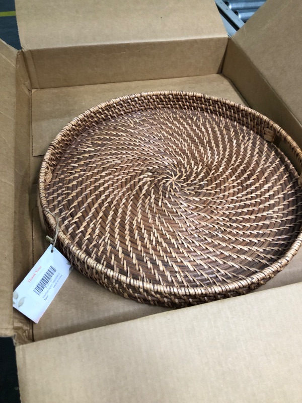 Photo 3 of 16.9 inch Rattan Tray, Round Wicker Tray with Cut-Out Handles, Woven Serving Tray for Dining/Coffee Table 16.9 inch (43cm)