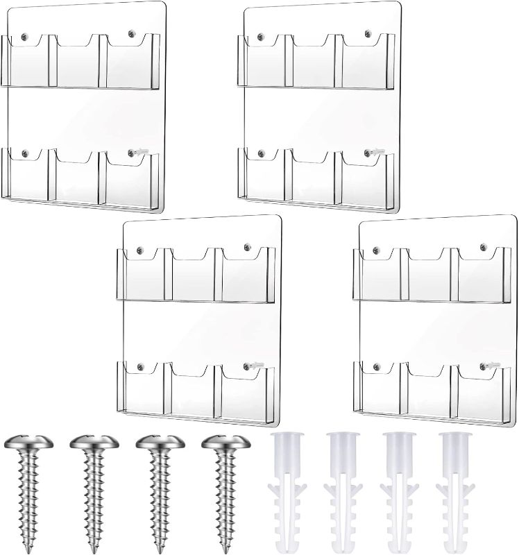 Photo 1 of 4 Pcs Acrylic Brochure Holder Wall Mount Pamphlet Holder Clear Plastic Brochure Display Stand Trifold Flyer Multi Slot Hanging Wall Holder Rack for Flyer Literature Booklet Offices (6 Pockets)