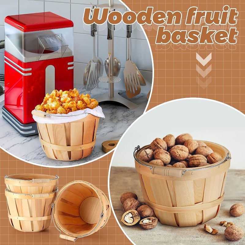 Photo 2 of 3 Pack Round Wooden Baskets Wood Fruit Buckets with Handle Bushel Basket for Vegetable Snack Holiday Cheat Bucket Garden Decoration, 4-quart Capacity, 6.1 Inch Tall, 8 Inch Diameter (Wood Color)
