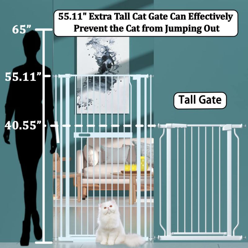 Photo 5 of 55.11" Extra Tall Cat Pet Gate 30.11-33.07" Wide Pressure Mounted Walk Through Swing Auto Close Safety White Metal Kids Dog Pet Puppy Cat for Indoor Stairs,Doorways, Kitchen