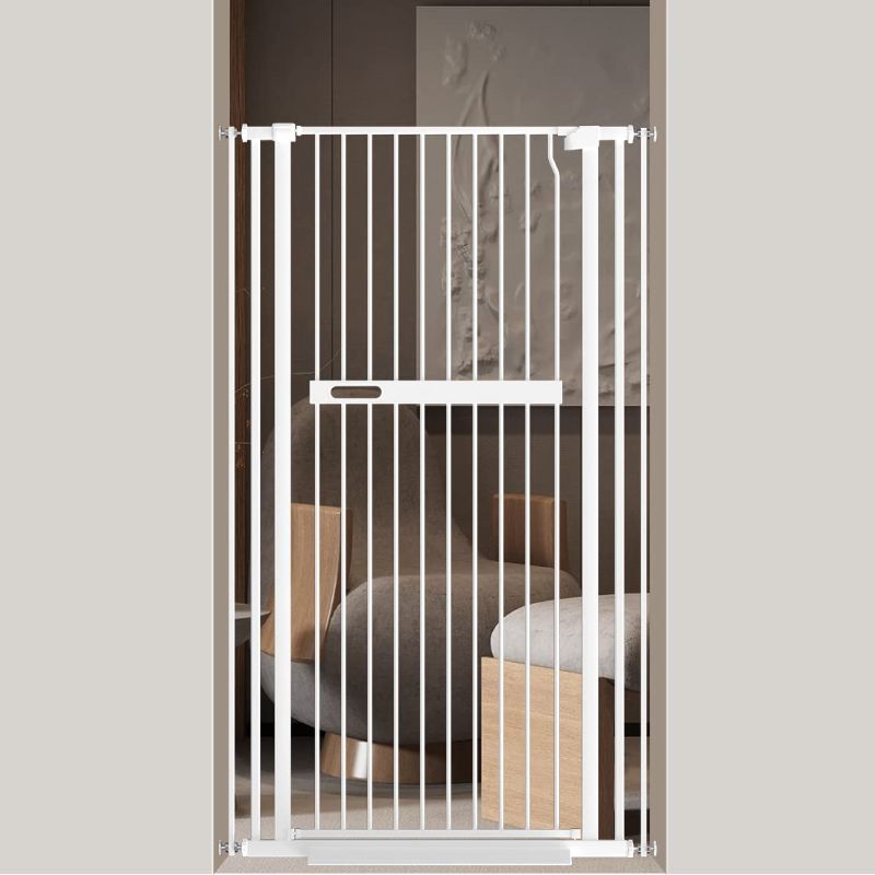 Photo 1 of 55.11" Extra Tall Cat Pet Gate 30.11-33.07" Wide Pressure Mounted Walk Through Swing Auto Close Safety White Metal Kids Dog Pet Puppy Cat for Indoor Stairs,Doorways, Kitchen