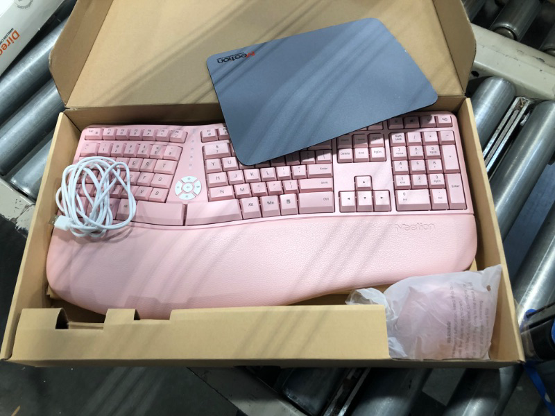 Photo 3 of MEETION Ergonomic Wireless Keyboard and Mouse, Ergo Keyboard with Vertical Mouse, Split Keyboard with Cushioned Wrist Palm Rest Natural Typing Rechargeable Full Size, Windows/Mac/Computer/Laptop, Pink Large Pink