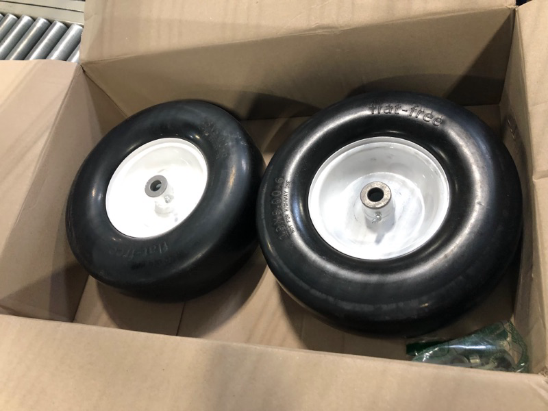 Photo 3 of 11x4.00-5 lawn mower tires flat free, Solid Smooth Tires and Wheel with 3/4" or 5/8" & 1/2" Precision bearings, 3.4"-5" Centered Hub, for Zero-Turn Lawn Mowers, Extra Universal Adapter Kit (2 Pack)