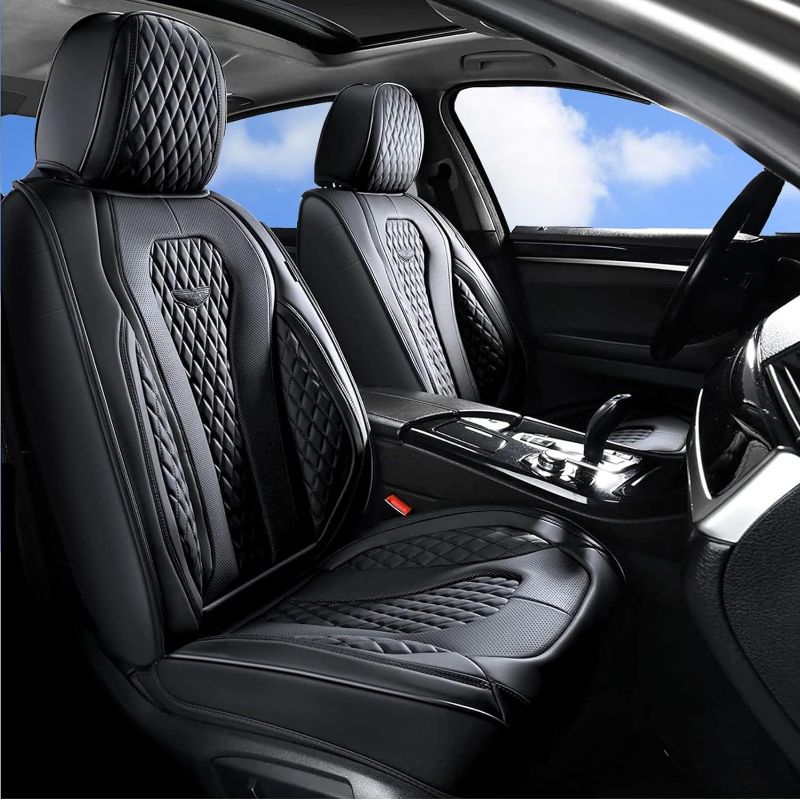 Photo 1 of Coverado Leather Seat Covers, Waterproof Luxury Leatherette Car Seat Cushions for Front and Rear 5 Pcs, Stylish Seat Protectors Auto Accessories Universal Fit Most Sedans, SUVs and Trucks, Black Black FullSet