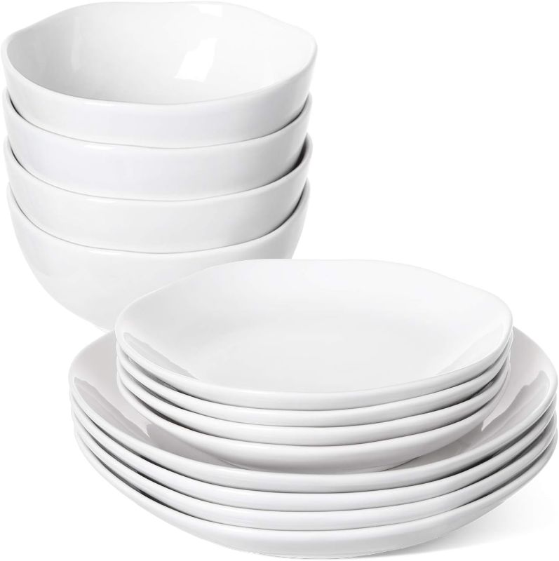 Photo 1 of ***2 DINNER PLATES BROKEN***LE TAUCI Dinnerware Sets 12 Piece, Serve for 4, Ceramic Plates and Bowls Set (10" Dinner Plates + 8" Salad Dish + 22 oz Bowl) x 4, House Warming Wedding Gift, Dishwasher Microwave Oven safe - White