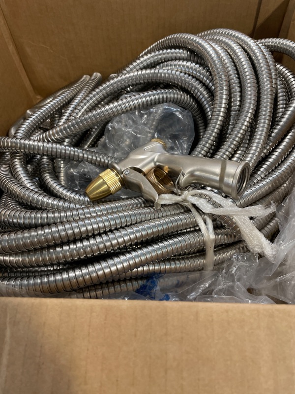 Photo 2 of 125ft Garden Hose Made by Metal with Super Tough and Soft Water Hose, Household Stainless Steel Hose, Durable Metal Hose with 4 Spraying Modes Adjustable Nozzle, No Kinks and Tangles