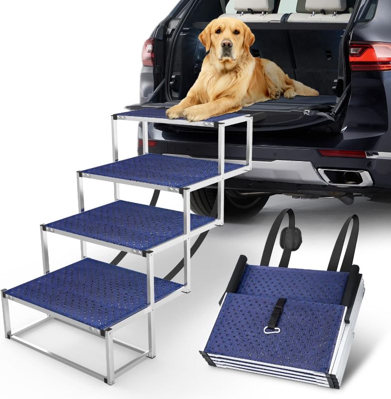 Photo 1 of 
GREENBOX Extra Wide Dog Car Stairs for Large Dogs, Foldable Aluminum Lightweight Steps Car, Truck and SUV with Non-slip Portable Pet Suitable Old Dogs & Cats, 5 Supports 250 lbs, Blue, PR-1