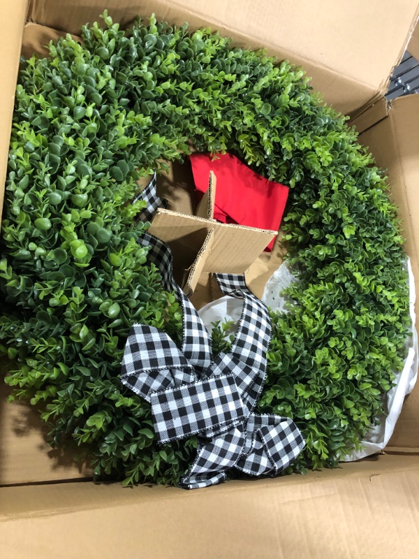 Photo 3 of 32" Faux Round Boxwood Wreath, Vlorart Artificial Large Boxwood Wreath Front Door Wreaths Artificial Spring Summer Greenery Hanging with A Plaid Bow for Villa Wall Hanging Window Wedding Party Decor 32inch