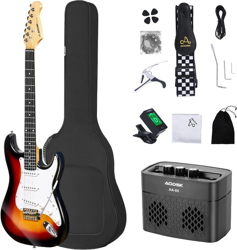 Photo 1 of AODSK Electric Guitar with Amp Beginner Kit 39 Inch Solid Body Full Size,SSS Pick Up,All Accessories,Digital Tuner,Six Strings,Four Picks,Tremolo Bar,Strap,Gig Bag,Starter kit Full Size-Sunburst