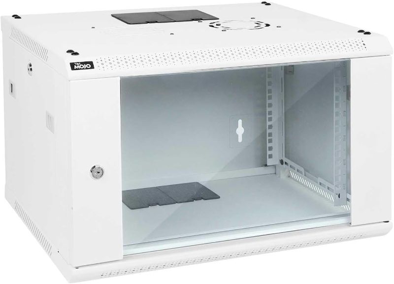 Photo 1 of Tecmojo 6U Wall Mount Rack Network Cabinet for 19”IT Equipment,with Lockable Glass Door and Side Panels,Cooling Fan,450mm Depth,White (6U)