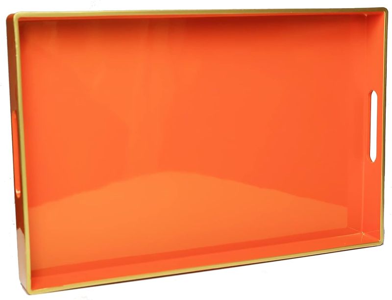 Photo 1 of Spsyrine Orange Decorative Tray, Elegant Plastic ServingTray with Handles, Coffee Table Tray for Ottoman, Living Room, Home Decor 15.6" X 10.2"