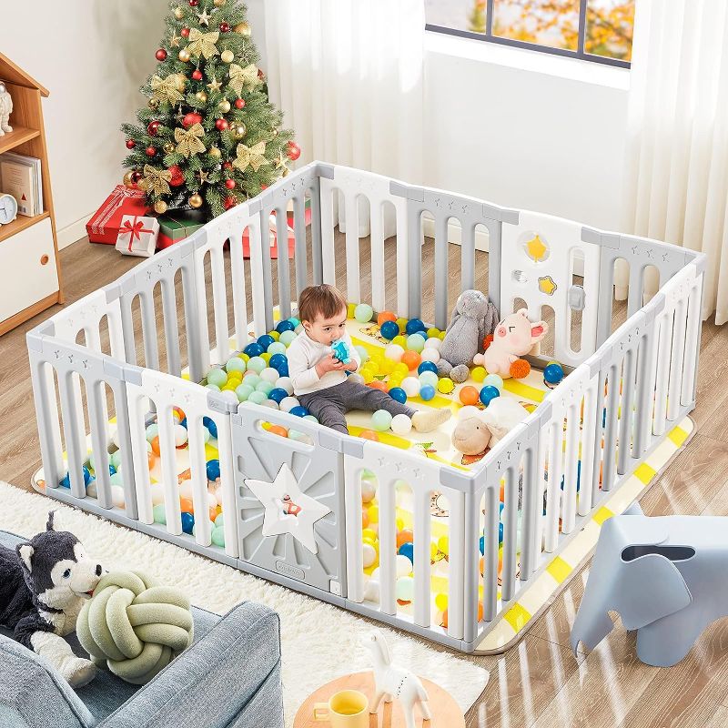 Photo 1 of Coolever Baby Playpen, Safety Baby Gate Playpen for Babies and Toddlers Sturdy and Immovable Baby Fence Play Area Activity Center Portable Design for Indoor Outdoor (Grey+White+Star 16 Panel)

