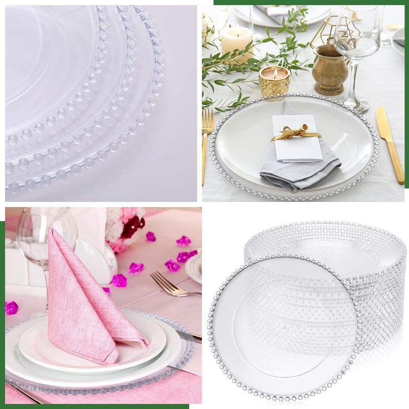Photo 1 of 15 Pack Plastic Beaded Charger Plates 11 Inch Plastic Round Dinner Plate with Beaded Rim Silver Bead Charger for Dinner Plates Clear Serving Plates Decor for Party Wedding Event Banquet Tabletop Decor
