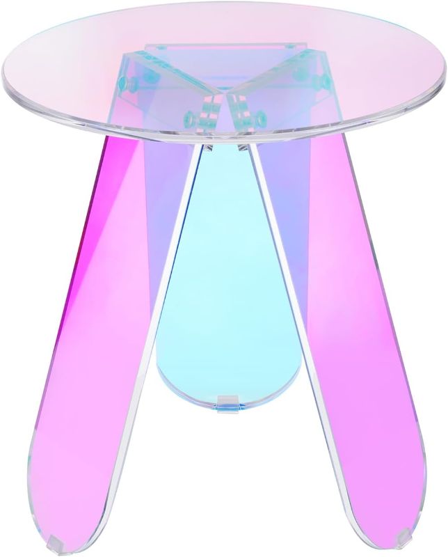 Photo 1 of Acrylic Round Clear Iridescent Side Table Rainbow Acrylic Coffee Table Rainbow Colors End Tables Modern Accent Night Stand Iridescent Table for Bistro Office (Iridescent Style, 17.8 x 17.8 x 4.3 Inch) Iridescent Style 17.8 x 17.8 x 4.3 Inch