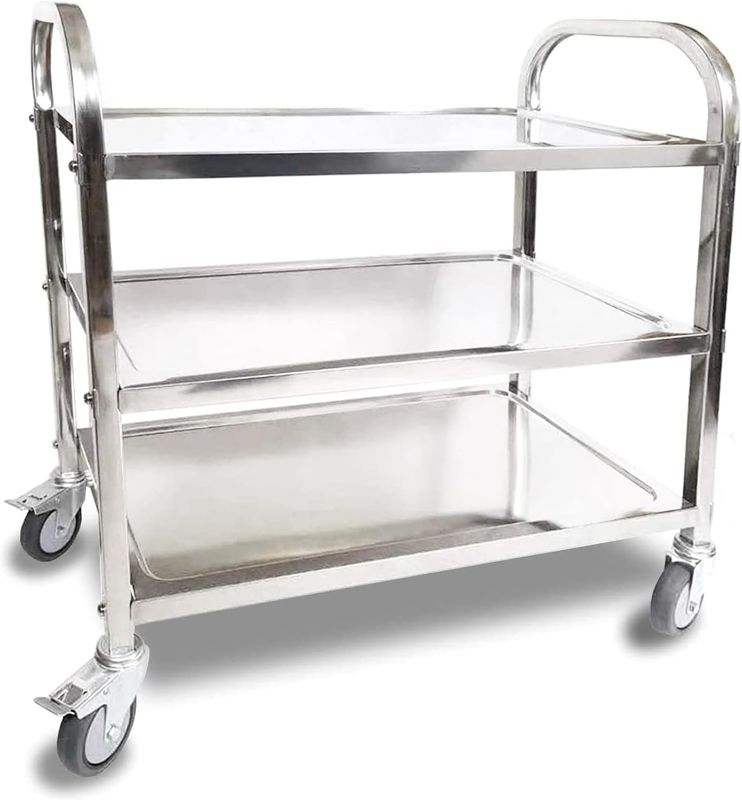 Photo 1 of  Kitchen Utility Cart, 330 lbs Capacity Stainless Steel 3 Tiered Shelf Trolley, Serving Cart Rolling Brake Wheel, Commercial Grade for Restaurant, Hotel, Lab, Clinic, Salon
