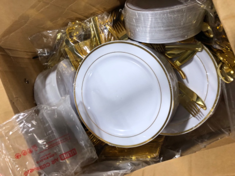 Photo 2 of 125 Piece Gold Dinnerware Party Set - 50 Gold Rim Plastic Plates, 25 Dinner 25 Dessert Plates, 75 Gold Silverware, 25 Knives, 25 Forks, 25 Spoons - 25 Guest Disposable Set for Wedding Birthday Parties