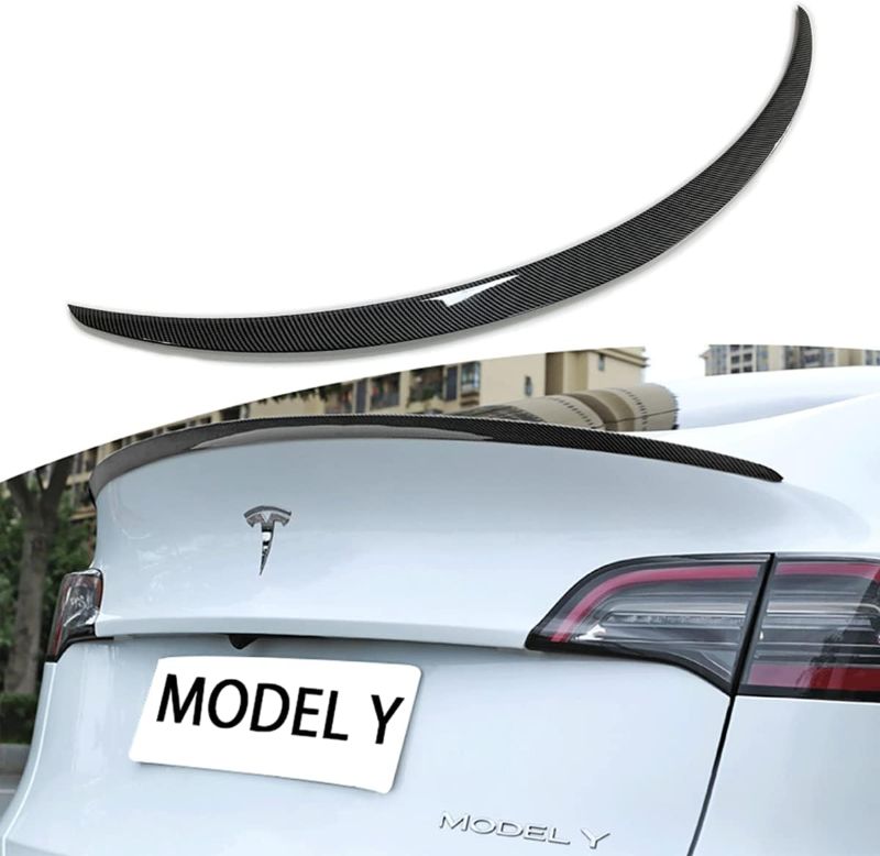 Photo 1 of AOSKonology for Tesla Model Y Rear Spoiler Wings ABS for 2020-2023 Tesla Model Y Rear Trunk Spoiler Lip Tail Wing Rear Trunk Lid (OEM Spoiler, Carbon Fiber) OEM Spoiler Carbon Fiber