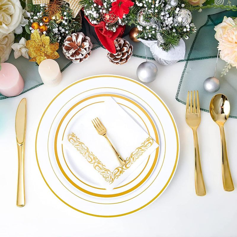 Photo 2 of 350 Piece Gold Dinnerware Set - 50 Guest Gold Rim Plastic Plates - 50 Gold Plastic Silverware - 50 Gold Rim Plastic Cups - 50 Linen Like Gold Paper Napkins, Disposable
