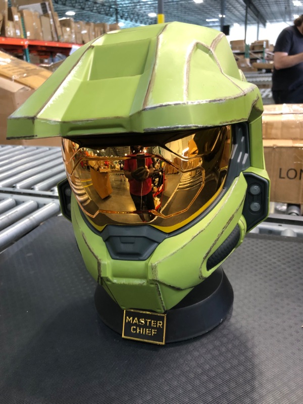 Photo 3 of HALO Master Chief Deluxe Helmet with Stand - LED Lights on Each Side - Battle Damaged Paint - One Size Fits Most - Build Your Halo Universe, Green