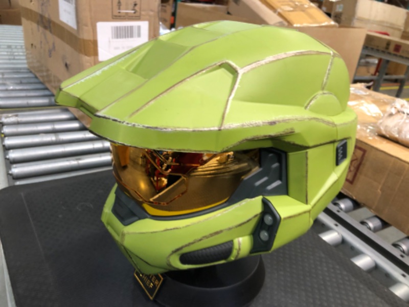 Photo 4 of HALO Master Chief Deluxe Helmet with Stand - LED Lights on Each Side - Battle Damaged Paint - One Size Fits Most - Build Your Halo Universe, Green