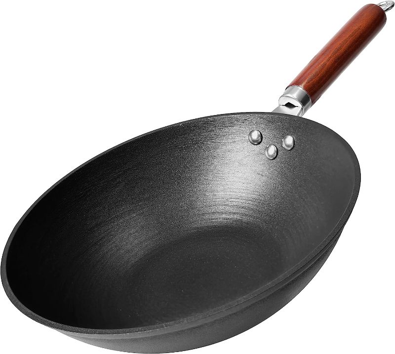 Photo 1 of 21st & Main Wok, Stir Fry Pan, Wooden Handle, 11 Inch, Lightweight Cast Iron, chef’s pan, pre-seasoned nonstick, for Chinese Japanese and other cooking
