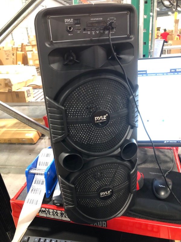 Photo 4 of Pyle Portable Bluetooth PA Speaker System - 600W Rechargeable Outdoor Bluetooth Speaker Portable PA System w/ Dual 8” Subwoofer 1” Tweeter, Microphone In, Party Lights, USB, Radio, Remote - PPHP2835B